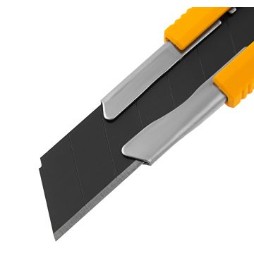  Нож, 18 мм, сменное лезвие, SK4, метал. направляющая, клипса, нажимной фиксатор Denzel, фото 4 