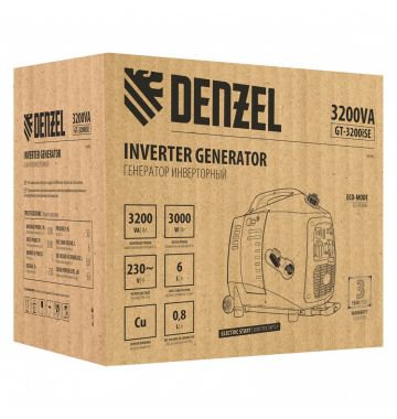  Генератор инверторный GT-3200iSE, 3.2 кВт, 230 В, бак 6 л, закрытый корпус, электростартер Denzel, фото 14 