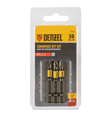  Набор бит комбинированный 3 шт., РН1, РН2, РН3, 50 мм, сталь S2 Denzel, фото 1 