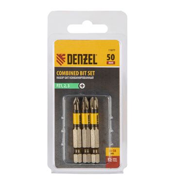  Набор бит комбинированный 3 шт., PZ1, PZ2, PZ3, 50 мм, сталь S2 Denzel, фото 1 
